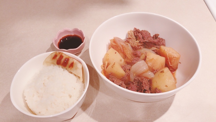 Nikujaga with beef, cabbage, potato, rice, and gyoza